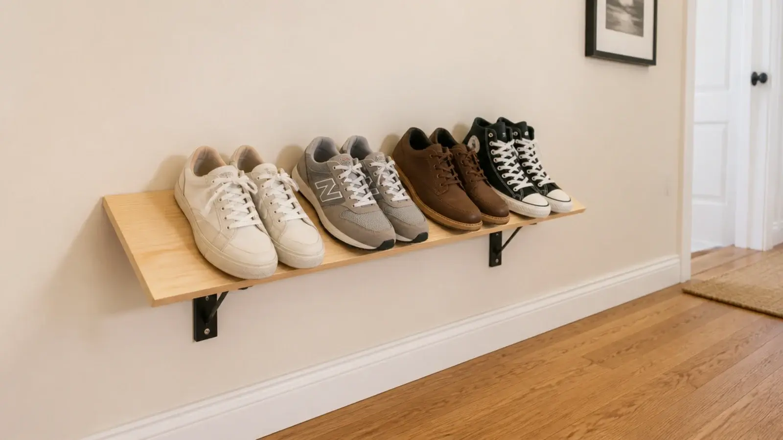 simple diy tilted shoe rack made from a single wooden board