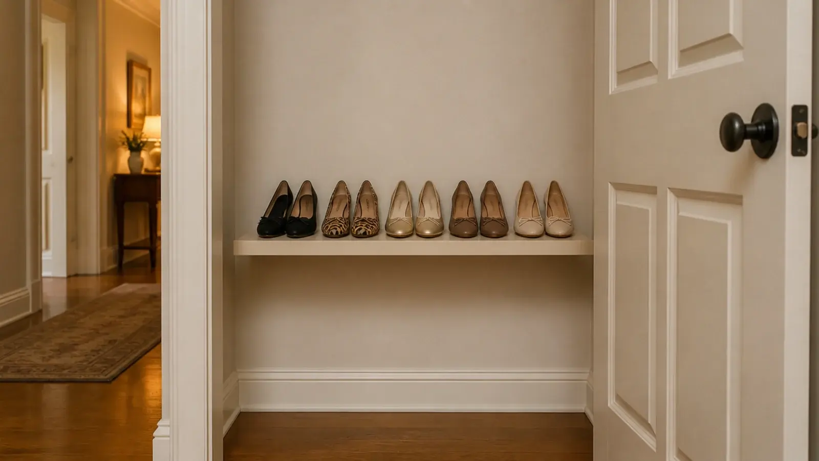 four inch shelf behind an open door holding a row of flat shoes