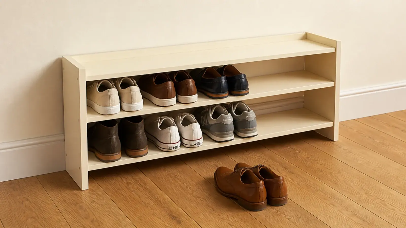 small capped shoe shelf holding exactly six pairs with space around