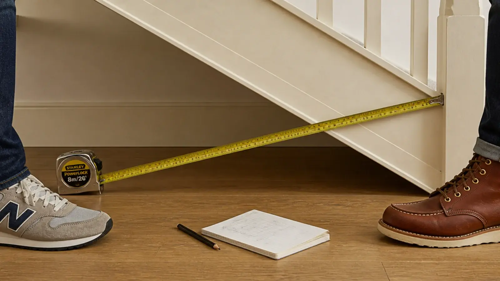 tape measure held against a staircase void showing shoe storage depth