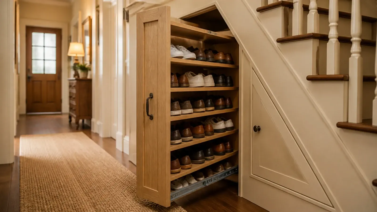 tall pull out shoe tower extended from an under stairs cupboard