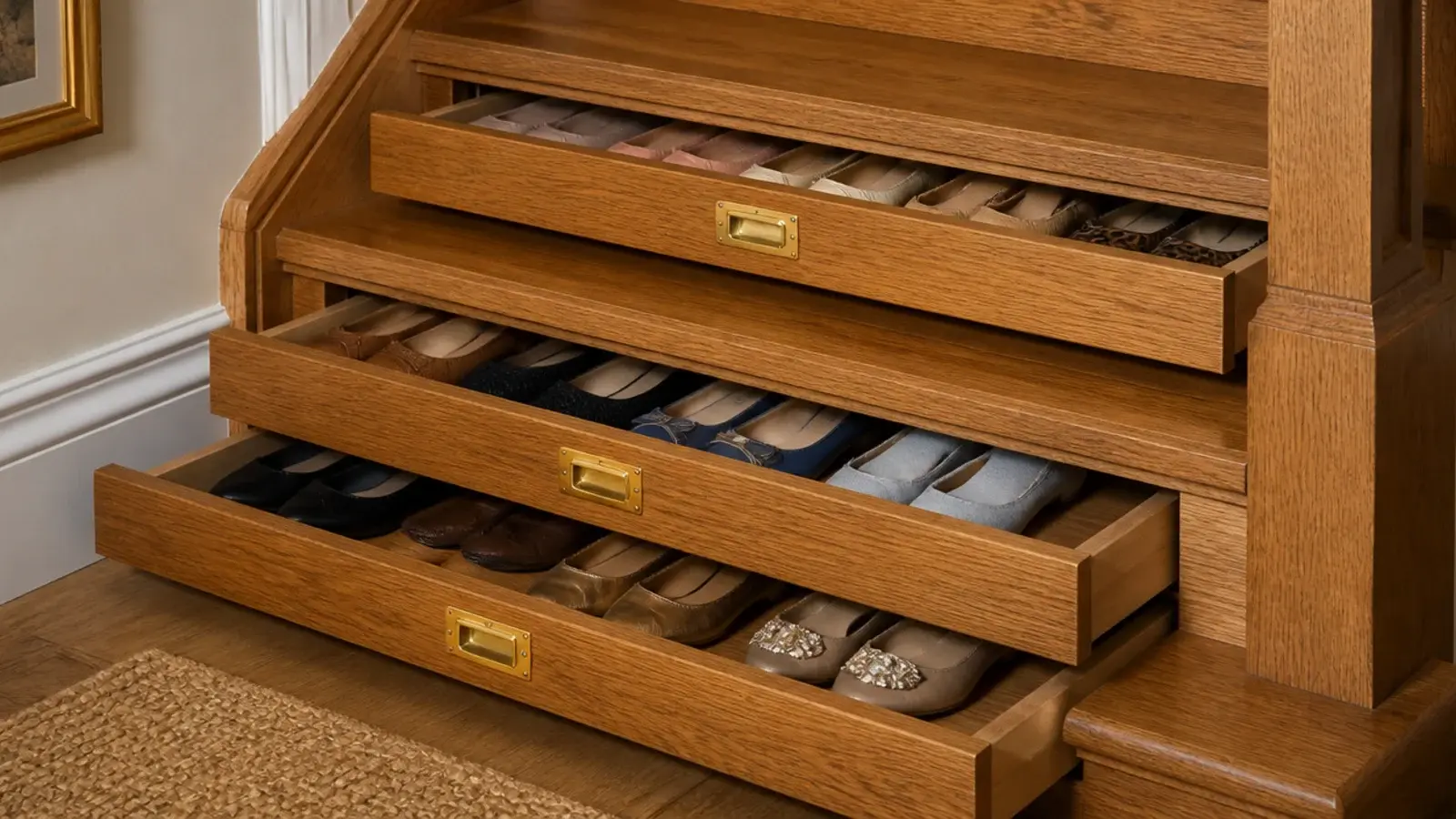 shallow drawers built into the lowest stair treads holding flat shoes