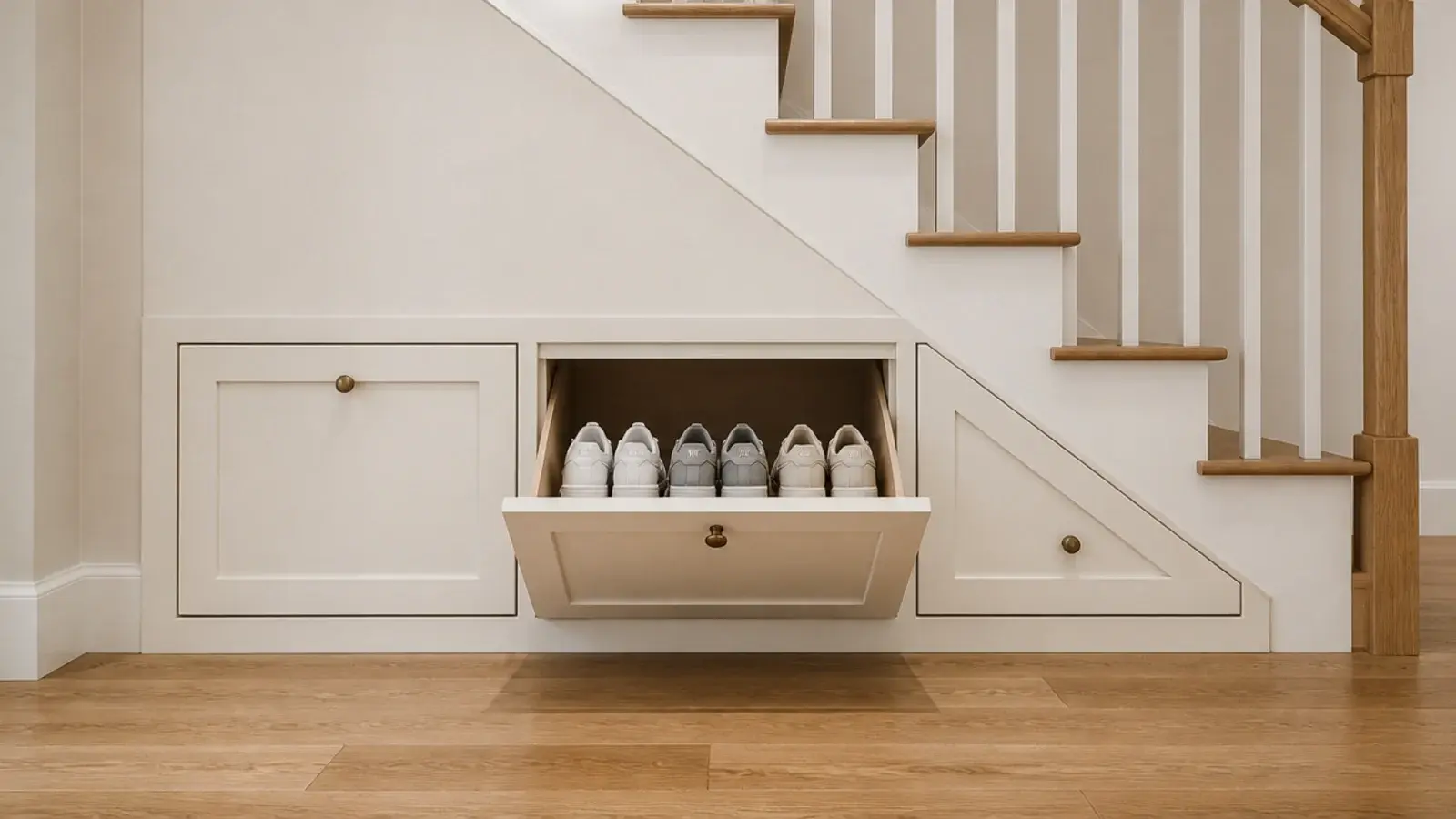 slim tilt out shoe fronts fitted under the low end of a staircase