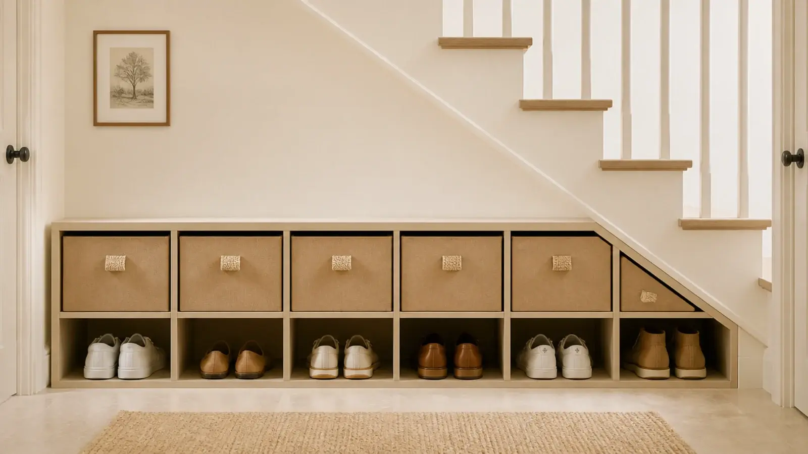 labelled boxes of seasonal shoes stored deep under a staircase