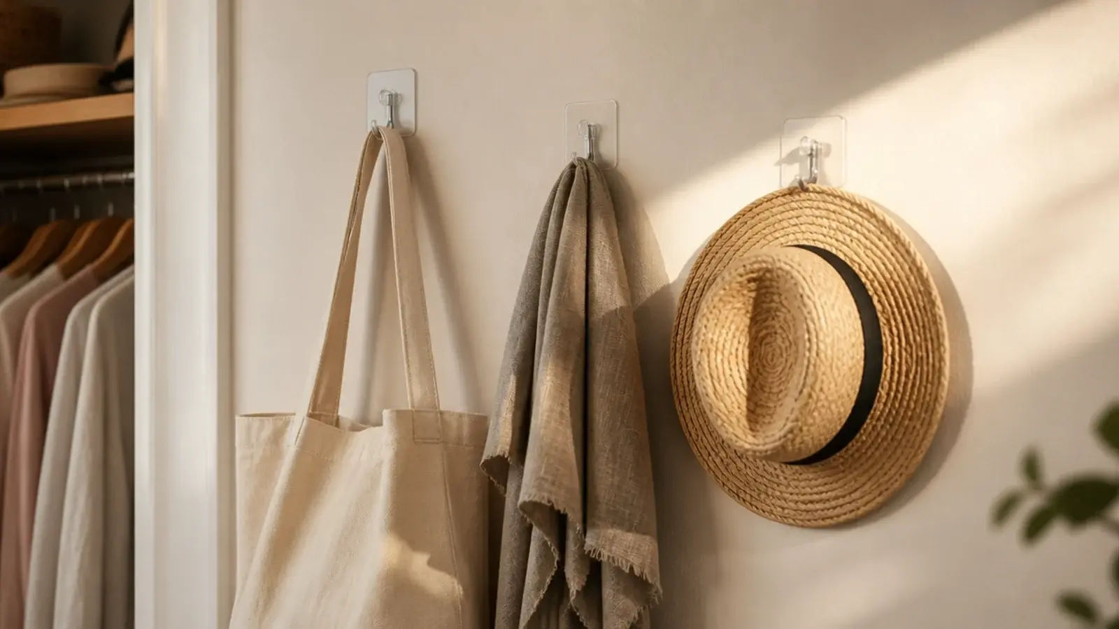 adhesive hooks on a closet wall holding a canvas tote and scarf