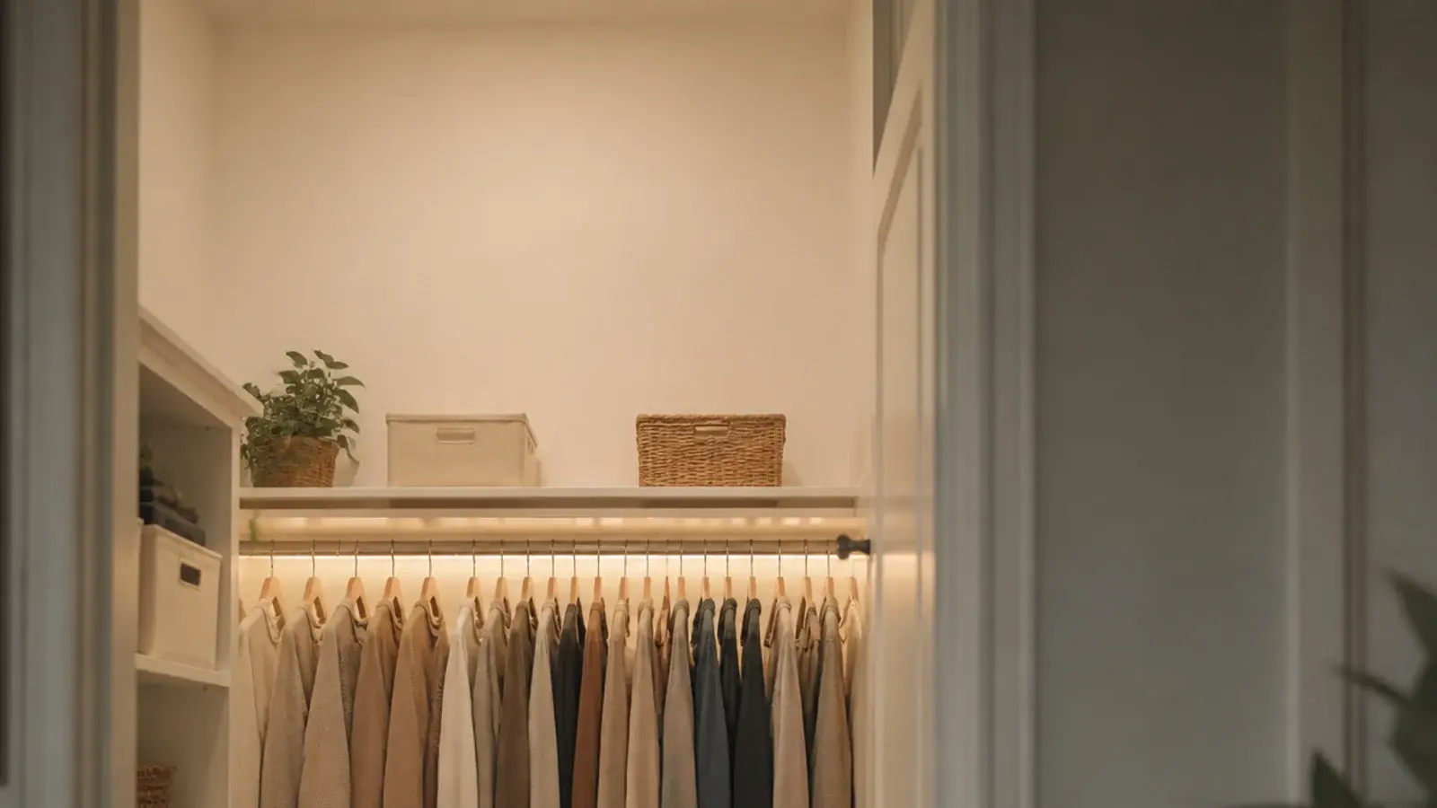 vertical view of a budget walk-in closet styled with bins rods and lighting