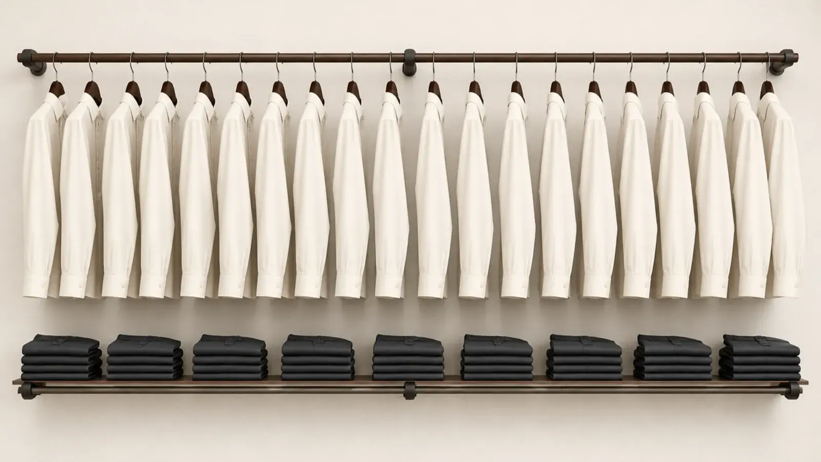 double hang rails at two heights on one minimalist closet wall