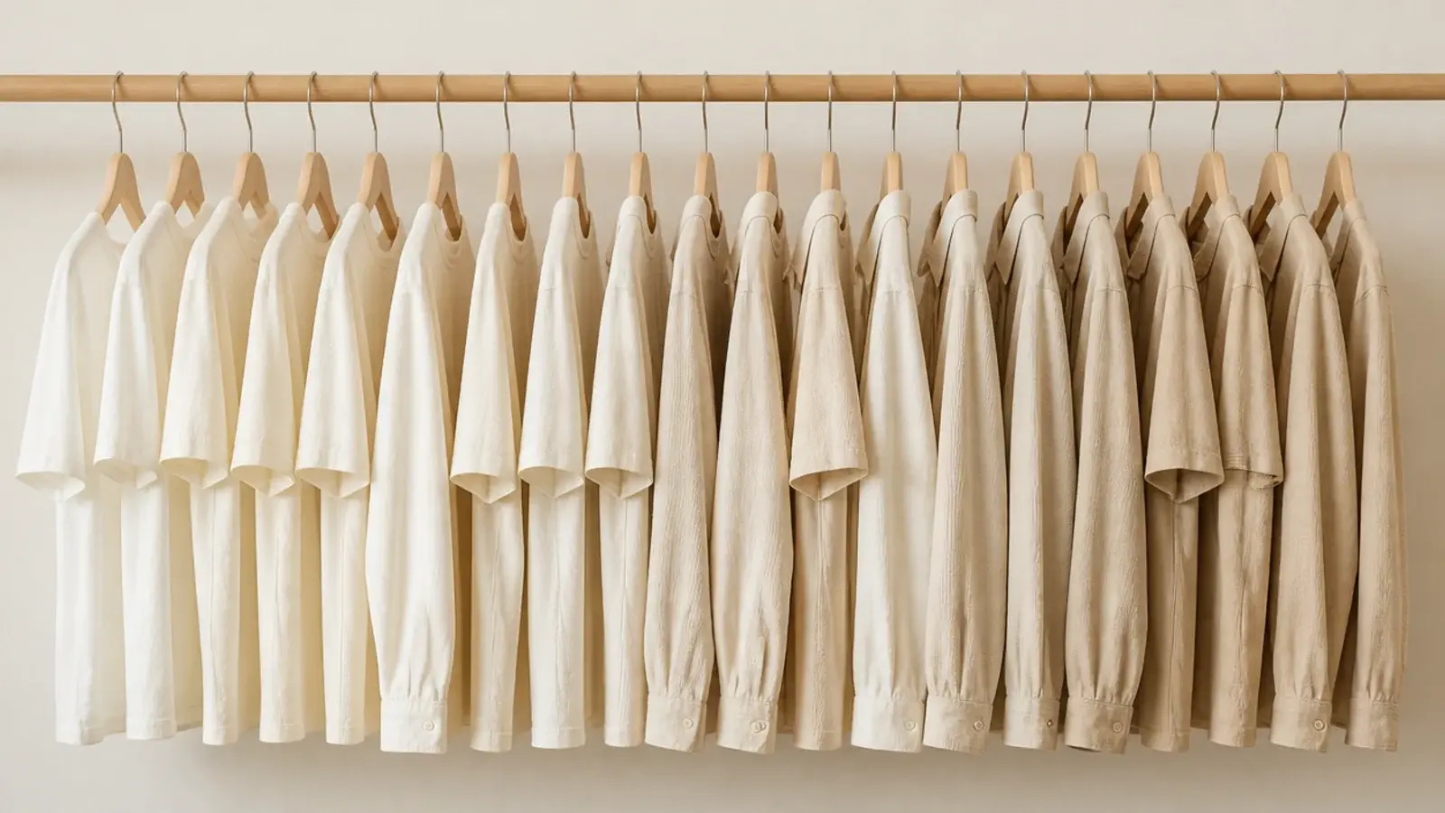 uniform slim hangers spaced evenly along a minimalist closet rail