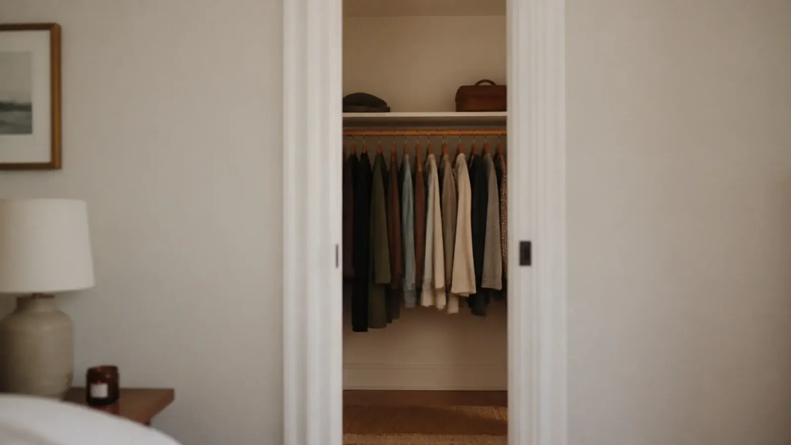closet painted the same warm white as the bedroom beyond it