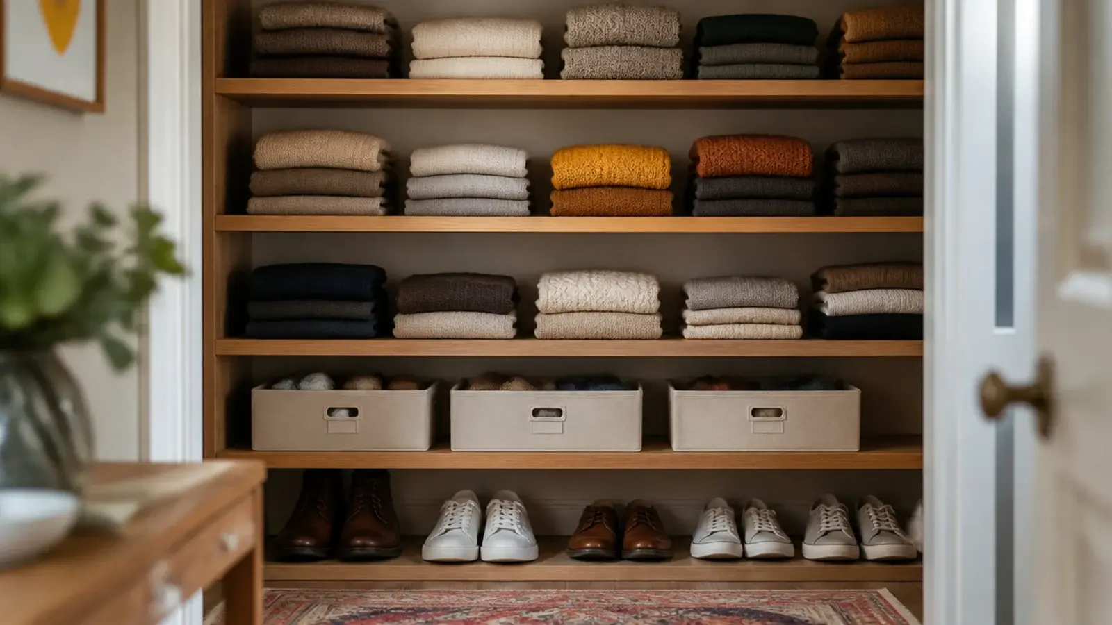 open oak shelving replacing cabinet doors in a minimalist closet
