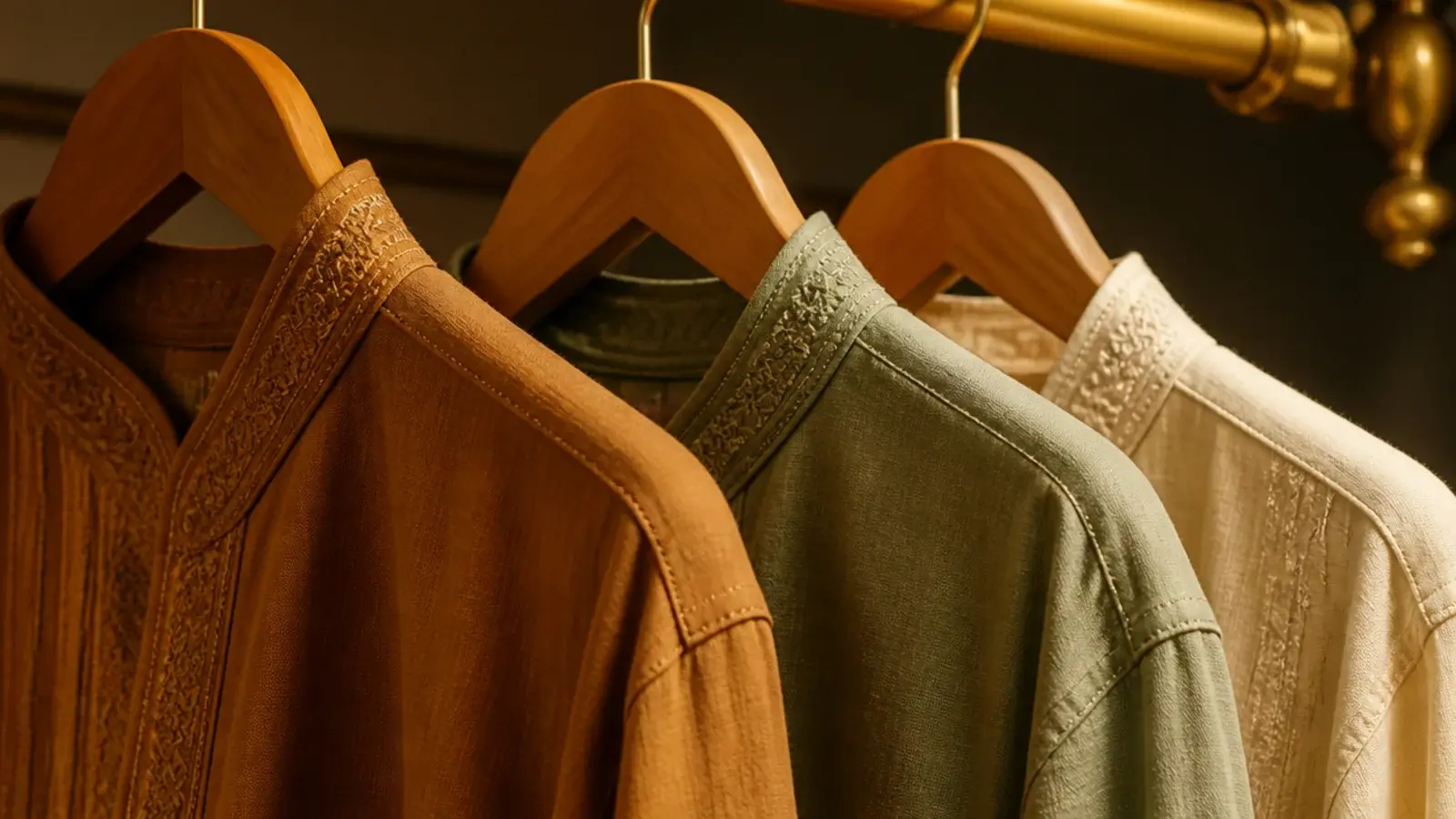 warm 3000K light across neutral clothing in a minimalist closet