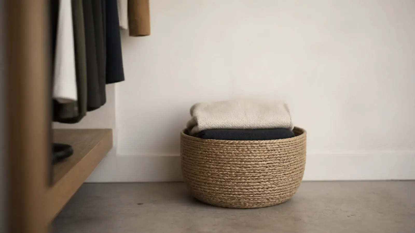 small woven donation basket kept permanently in a minimalist closet