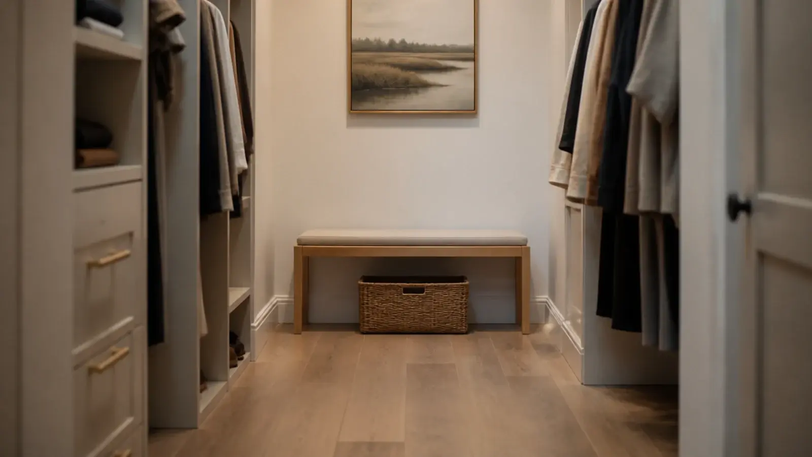 slim oak bench at the end of a minimalist small walk-in closet