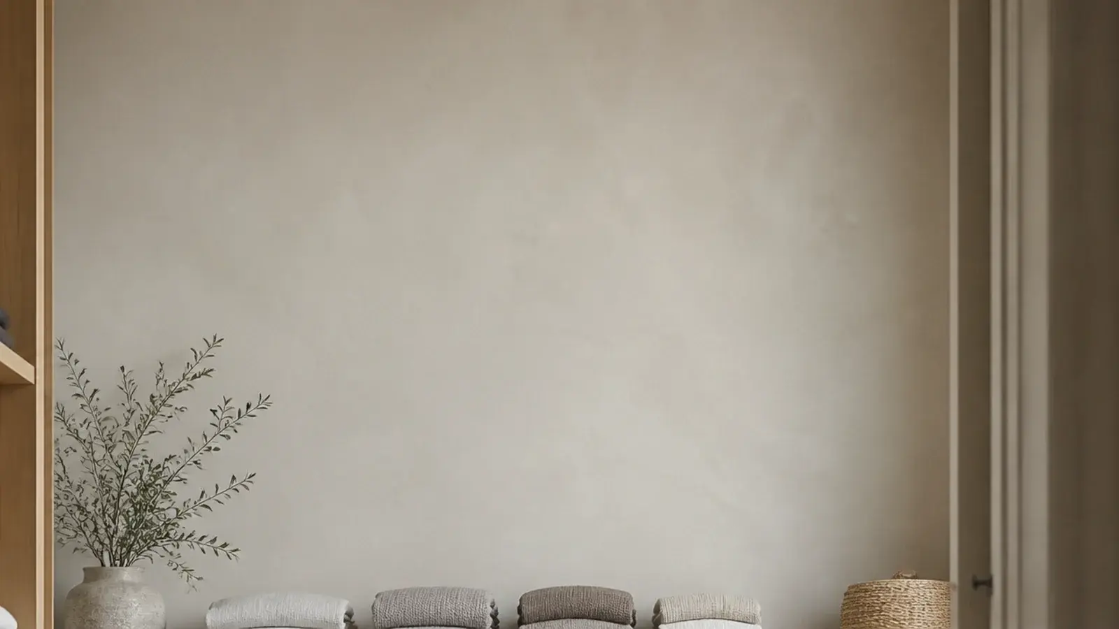 vertical view of a calm minimalist walk-in closet in warm neutrals