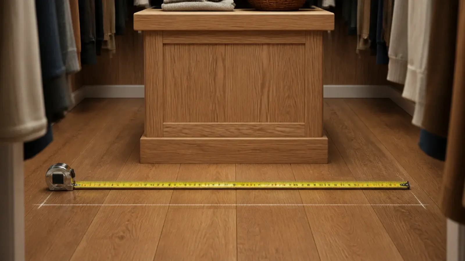tape measure showing clearance around a compact closet island footprint