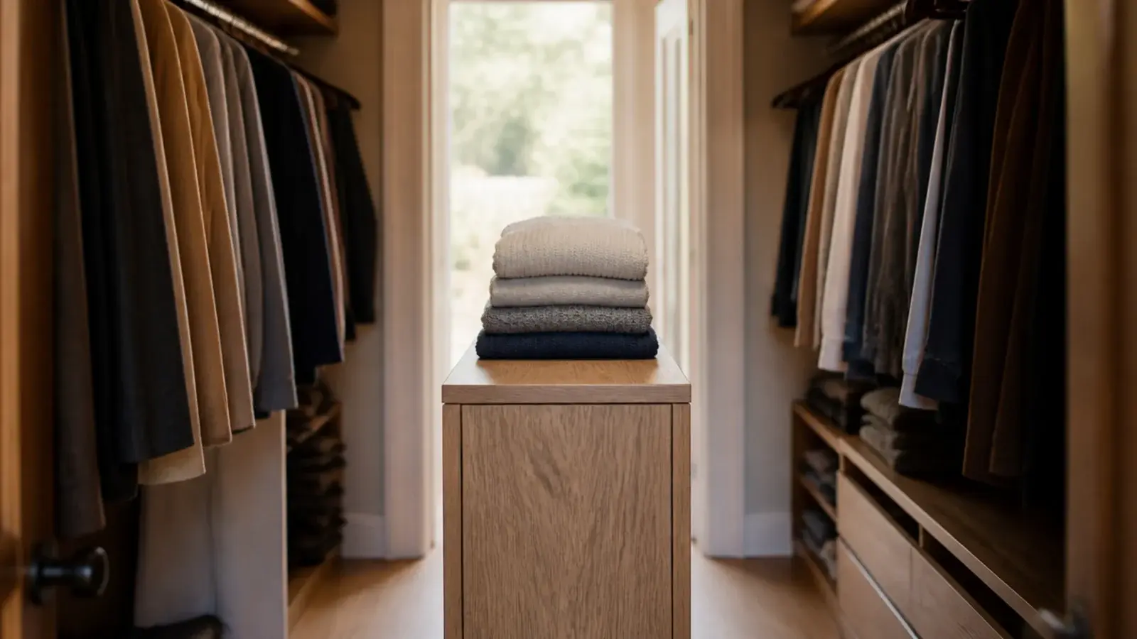 slim eighteen inch deep island fitted into a narrow walk-in closet