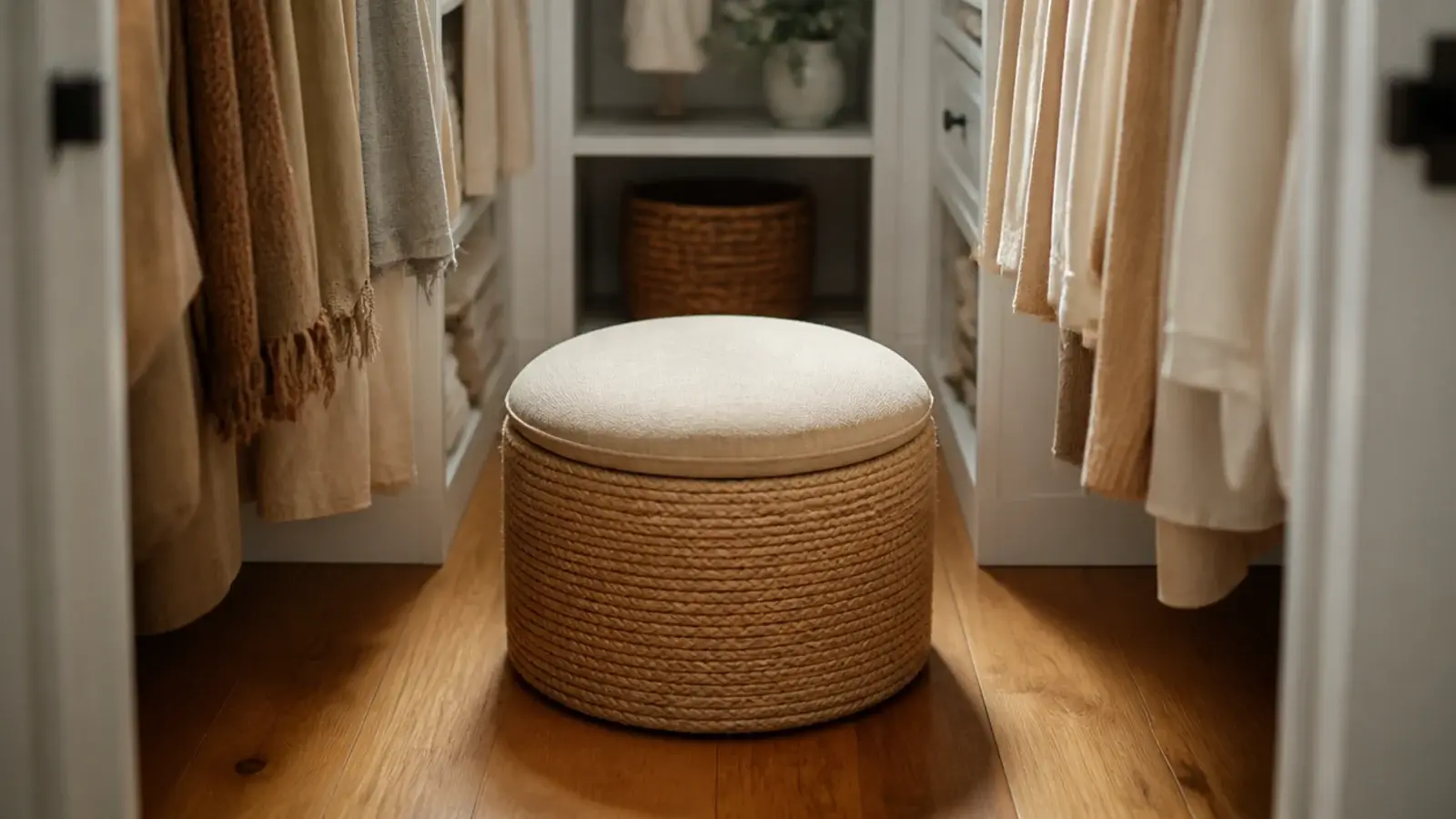 round jute ottoman standing in the center of a small closet walkway