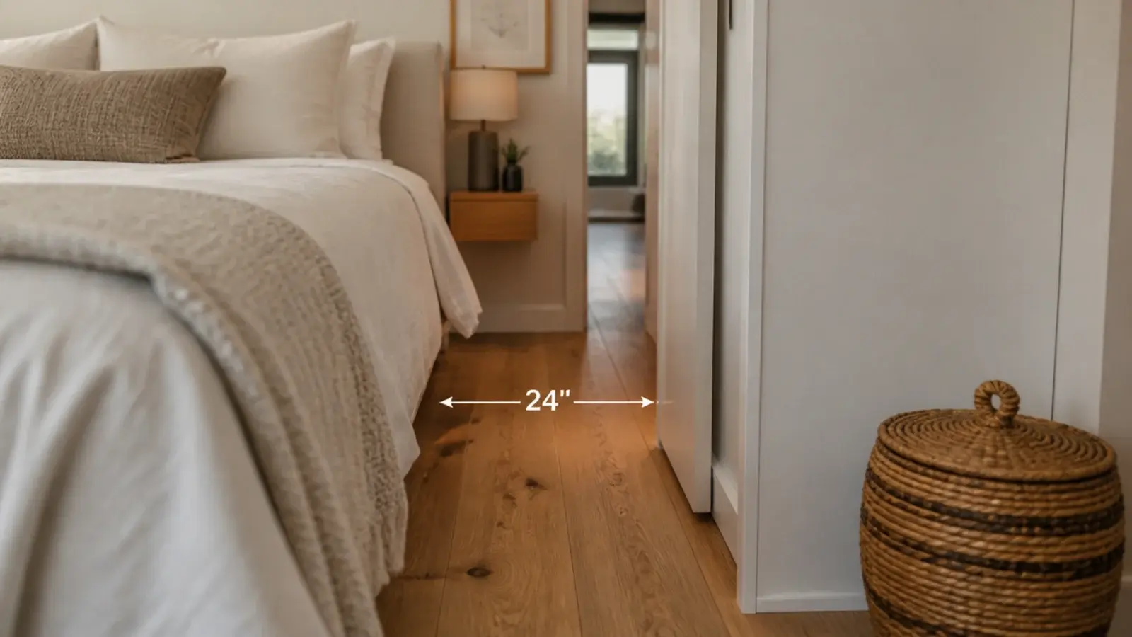 clear walking gap between a bed and a new closet wall in a bedroom