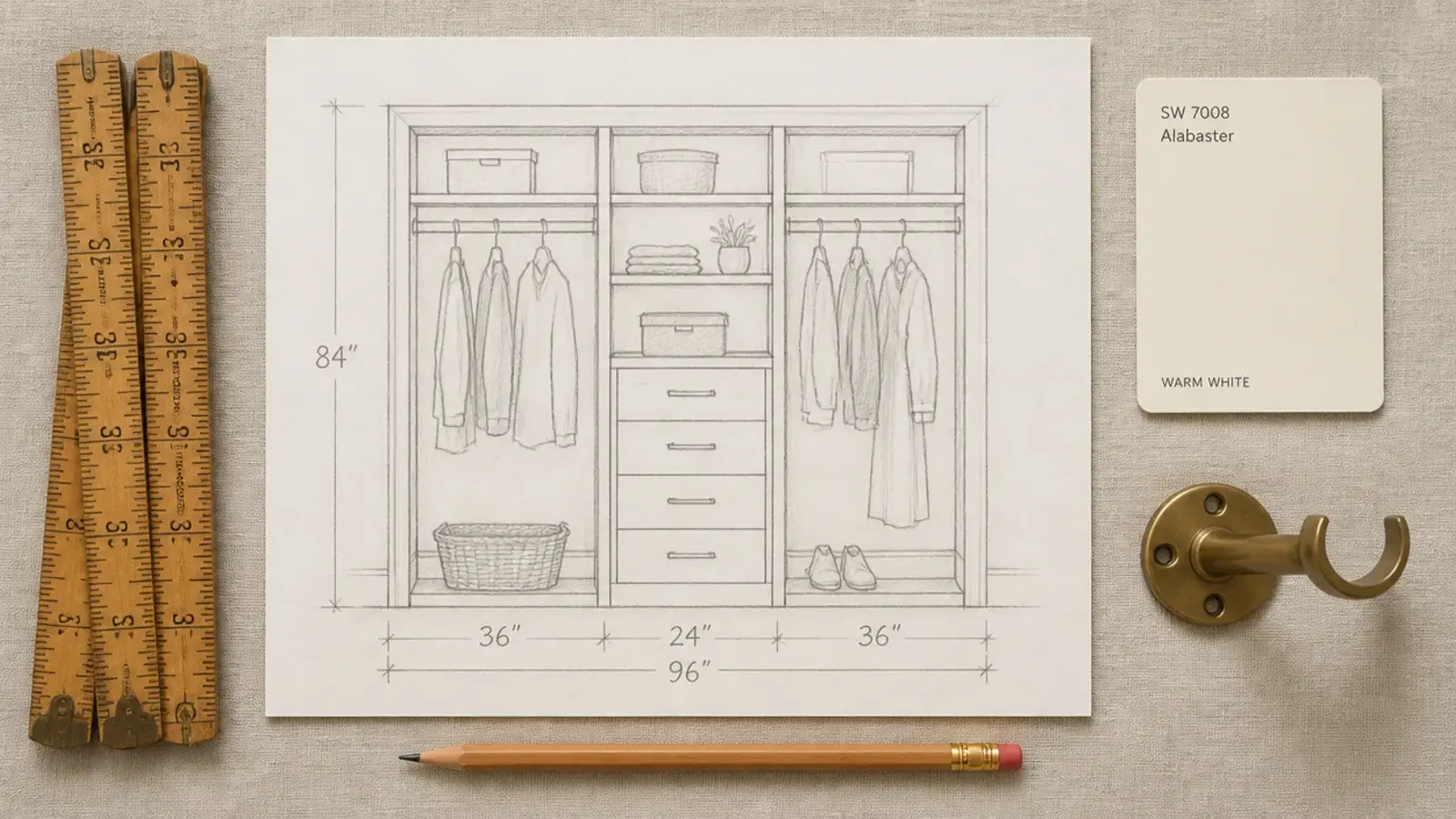 notebook and tape measure planning a budget small walk-in closet layout