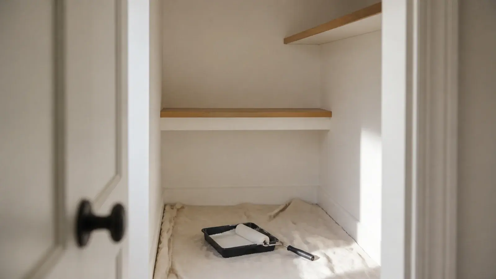 freshly painted warm white small closet interior with empty oak shelving