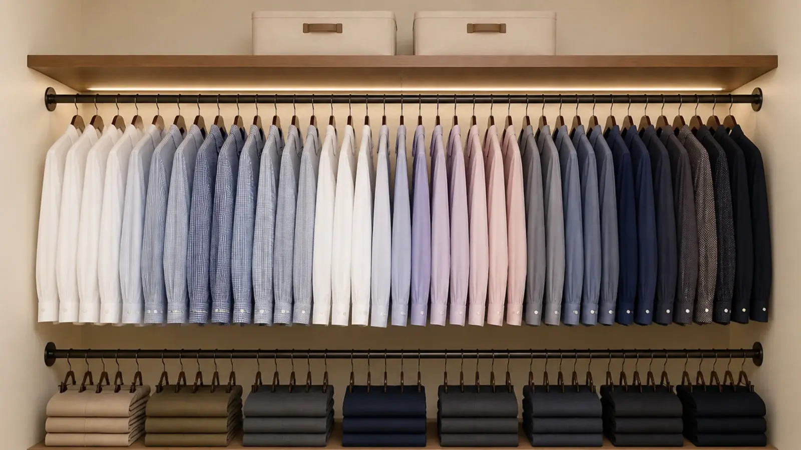 double hang rods at two heights filling a small walk-in closet wall
