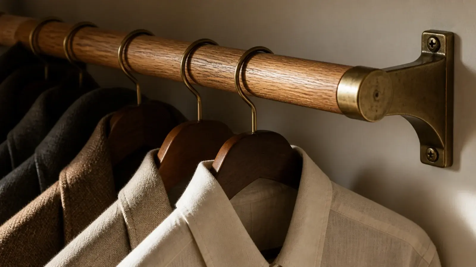 solid oak closet rod in brass brackets holding heavy hanging garments