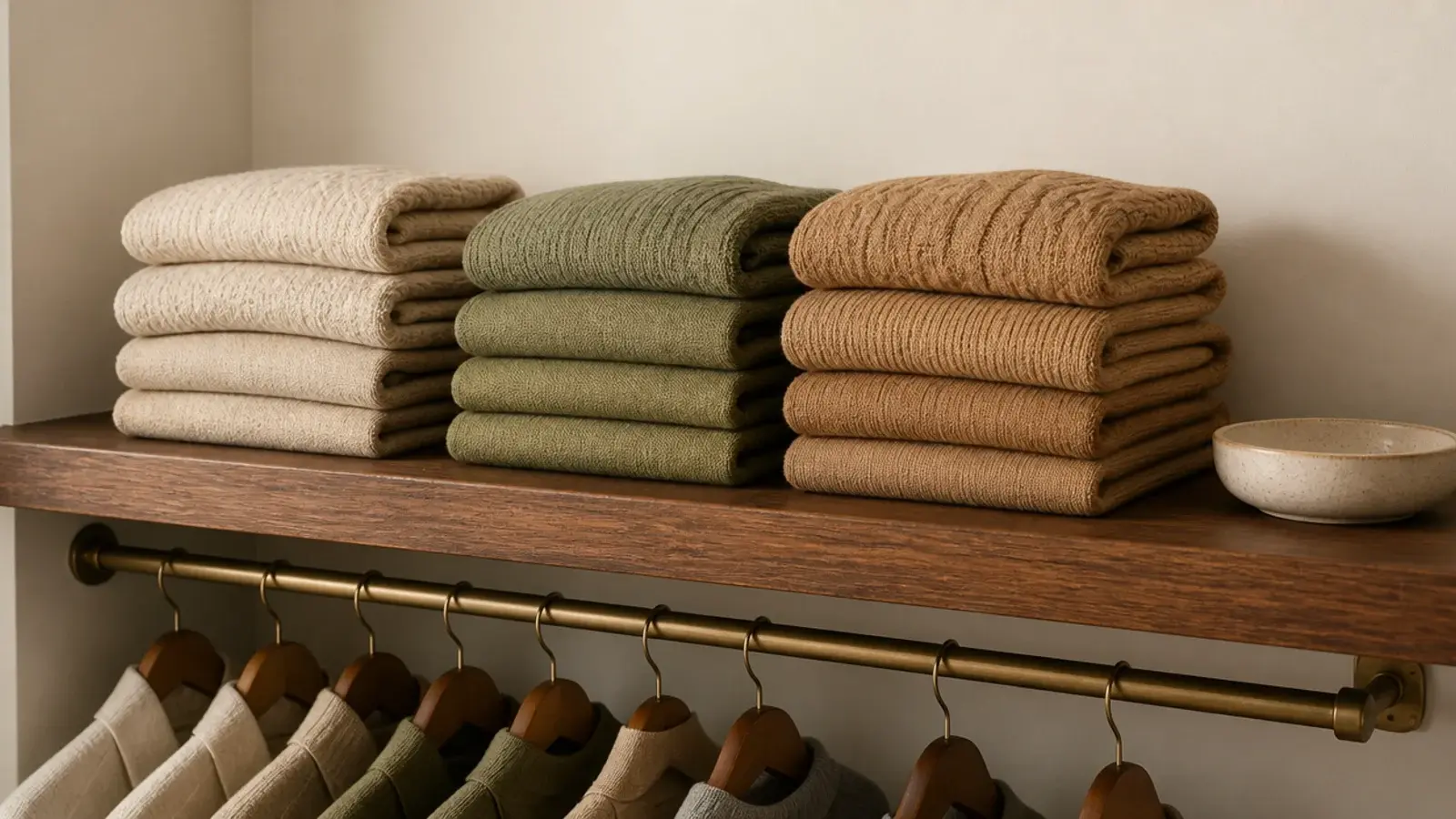 twelve inch deep shelf above a closet rod holding folded knits neatly