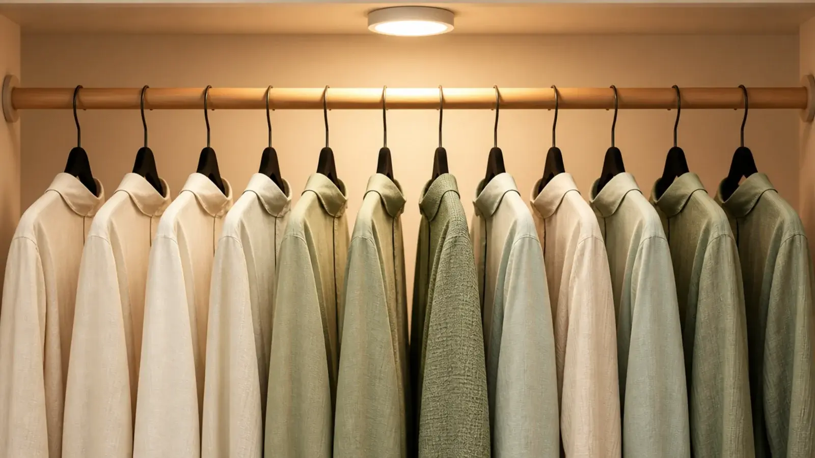 row of matching slim velvet hangers holding shirts in a small closet