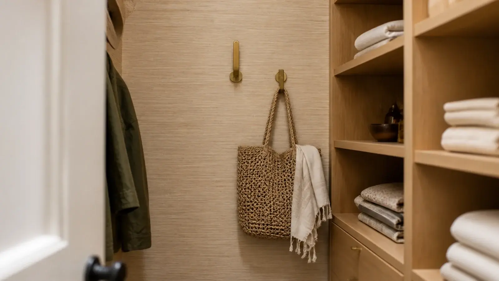 small closet end wall in subtle peel and stick wallpaper behind shelving