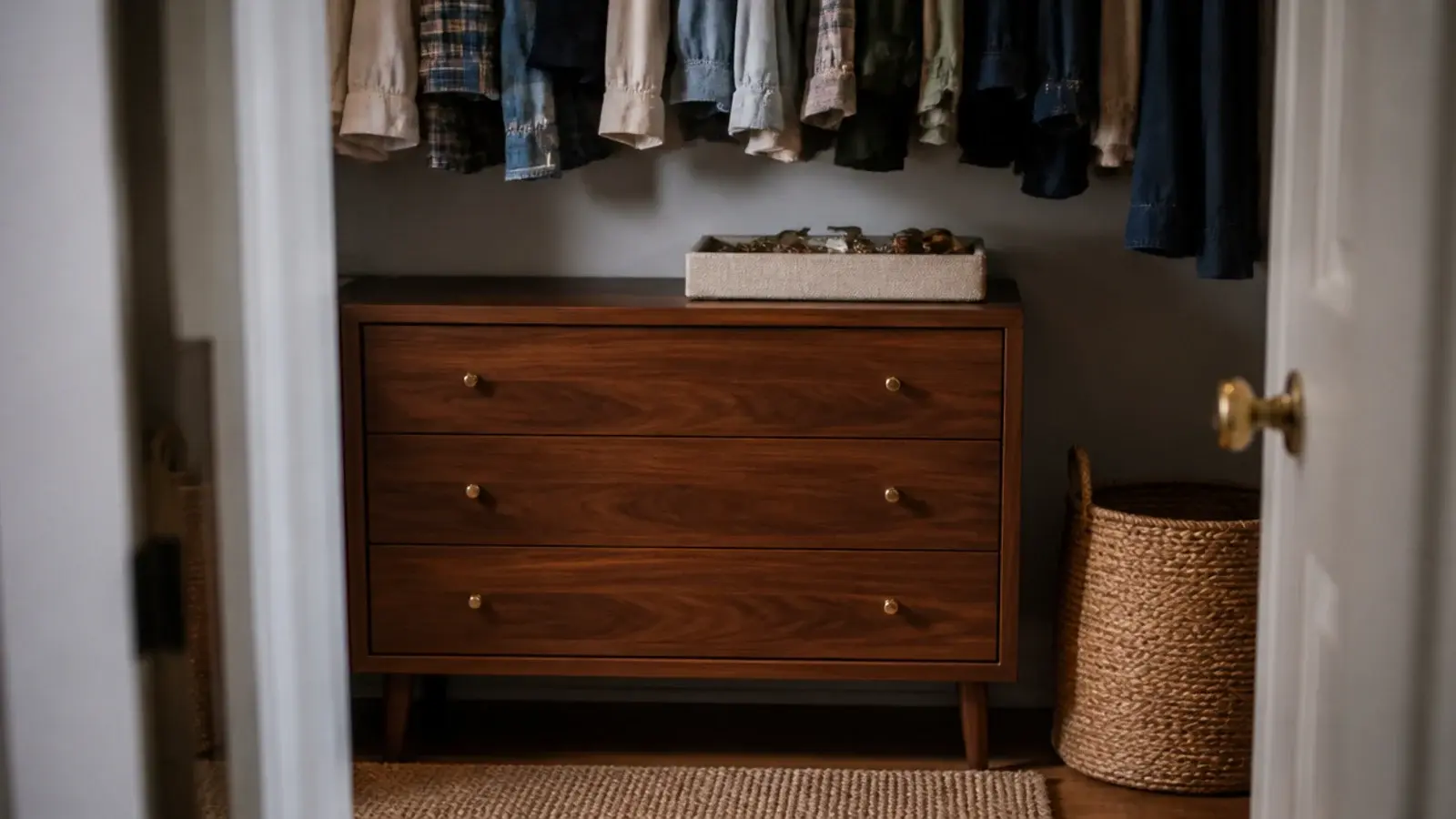 thrifted wooden dresser tucked under hanging clothes in a small closet