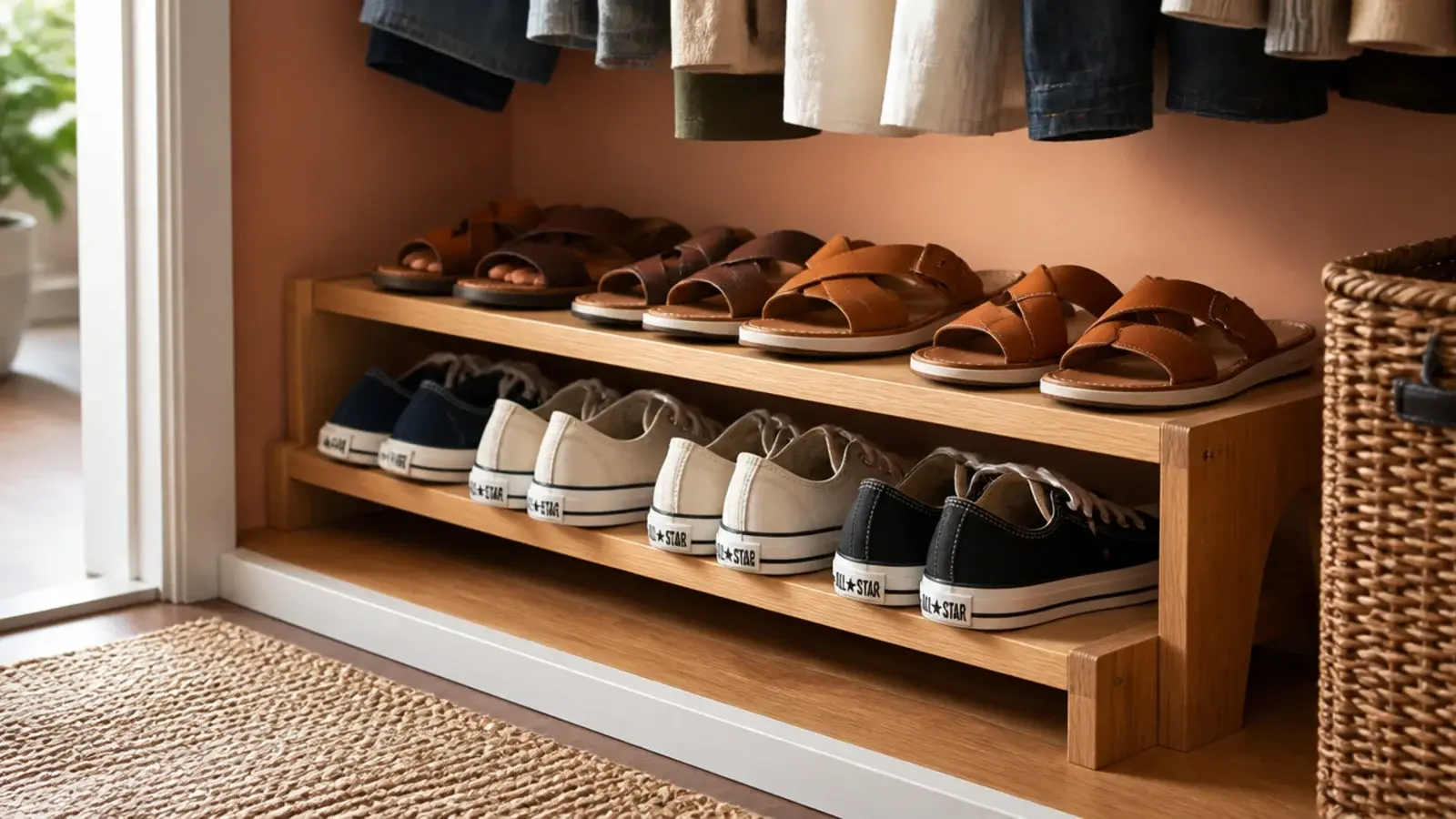 stacked shoe risers doubling shelf capacity in a small walk-in closet