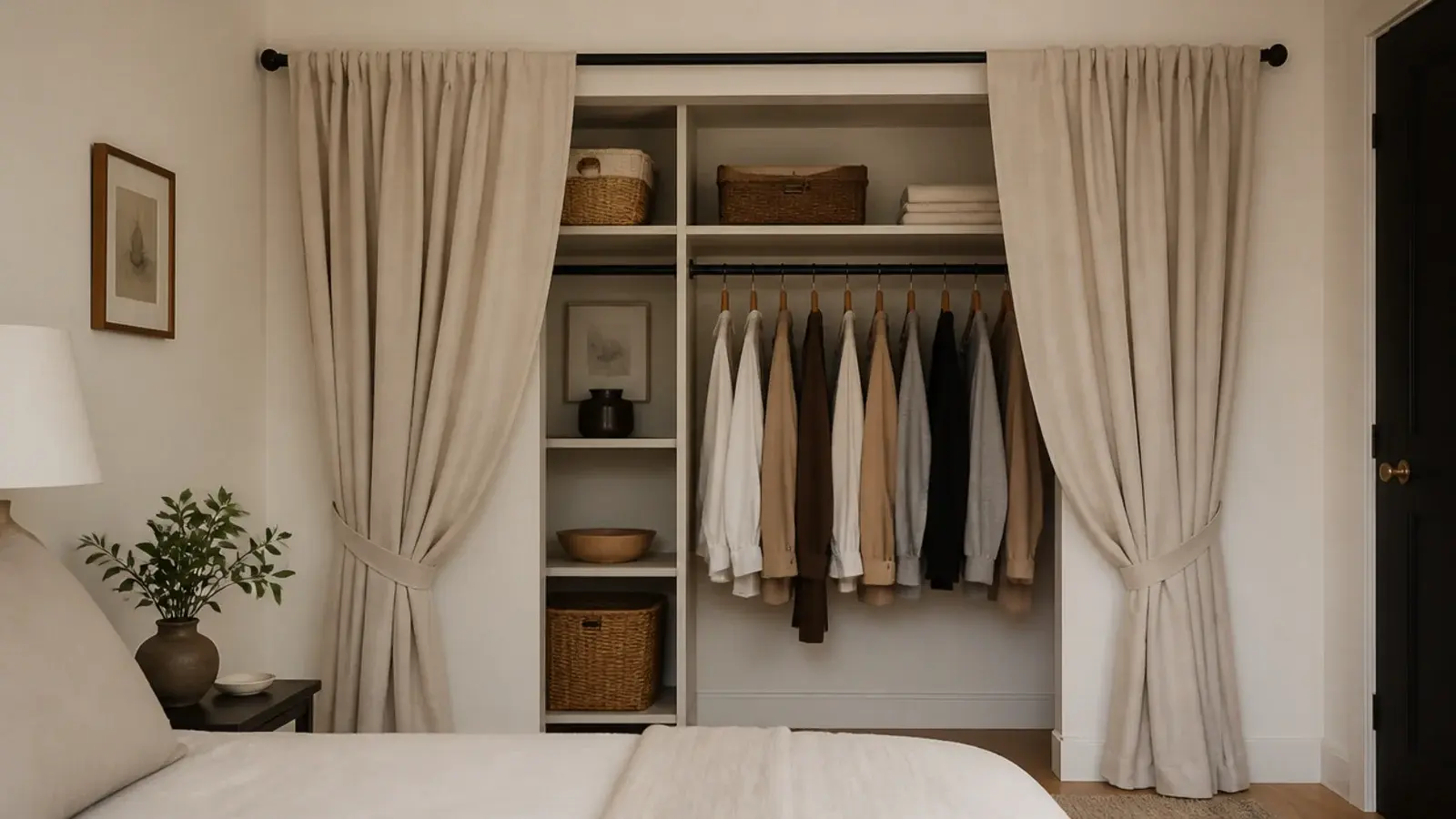 oatmeal linen curtain replacing a closet door in a small bedroom