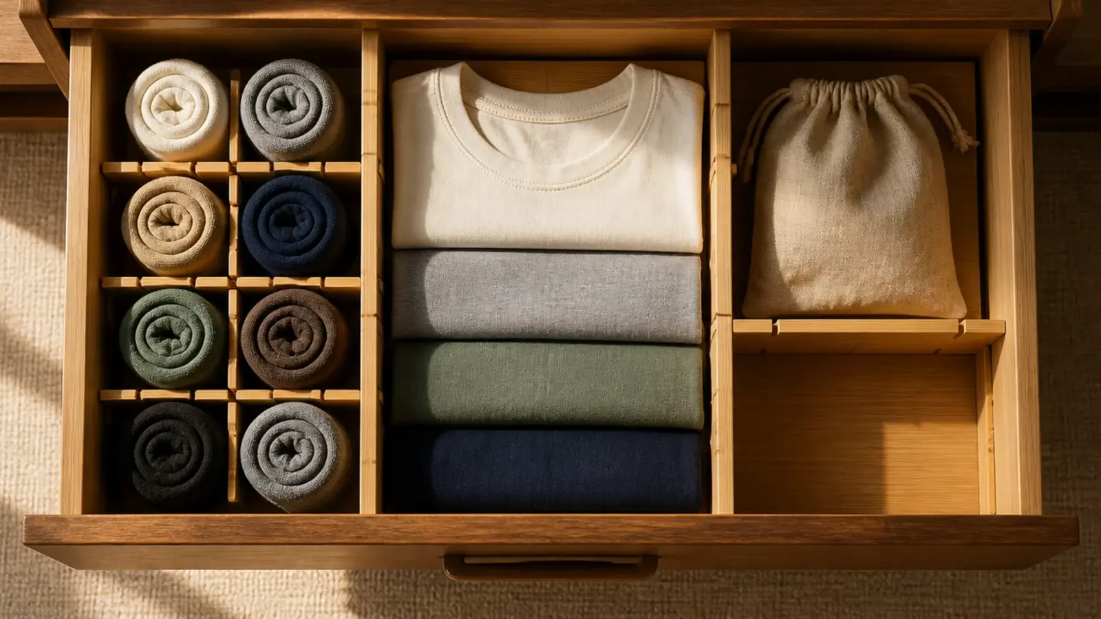 bamboo dividers organizing folded items inside an open closet drawer