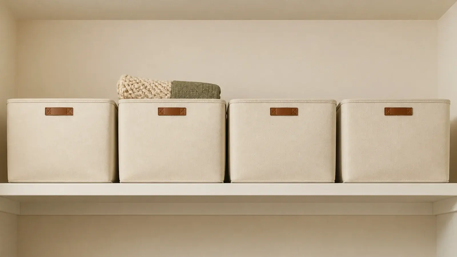 labeled canvas bins lined up along a high shelf in a small closet