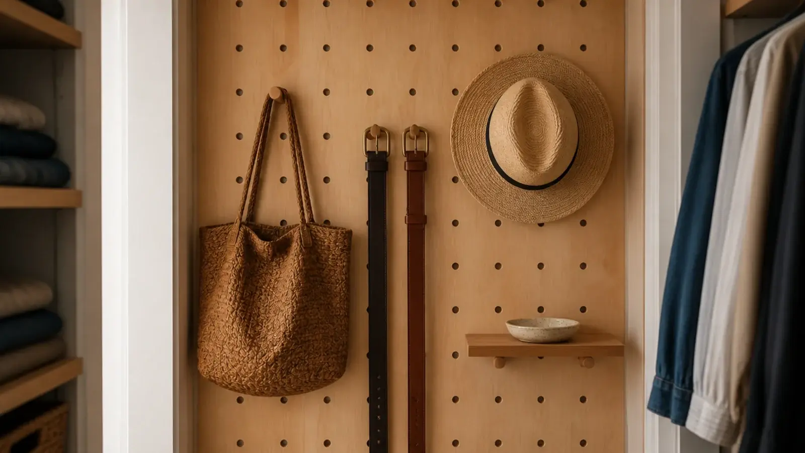 wooden pegboard end wall holding bags belts and hats in a closet