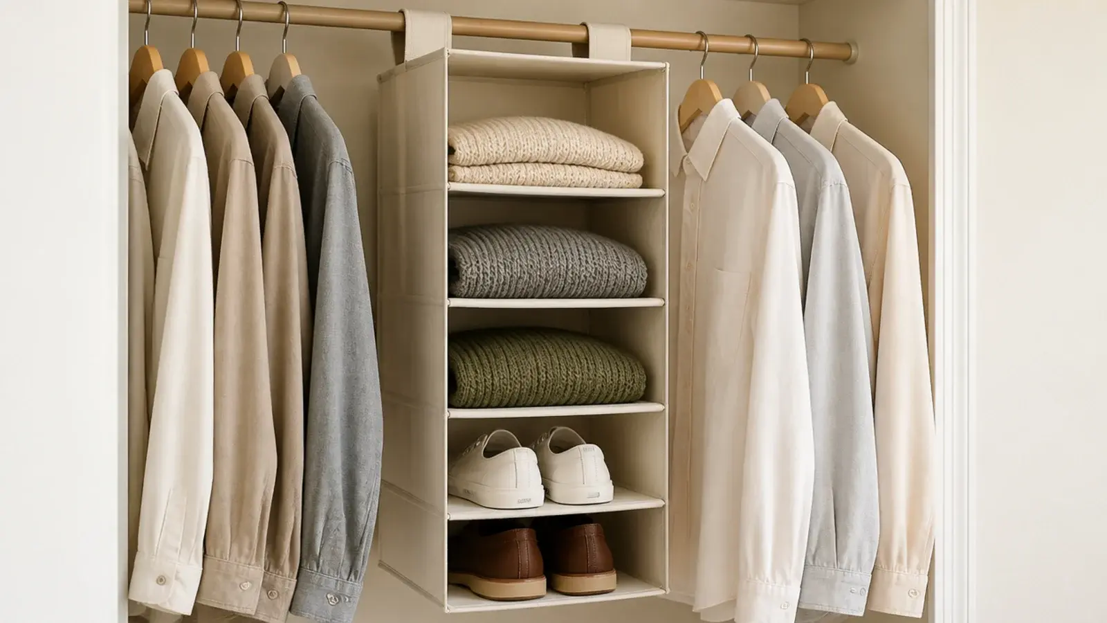 canvas hanging shelf tower clipped onto a rod in a small closet
