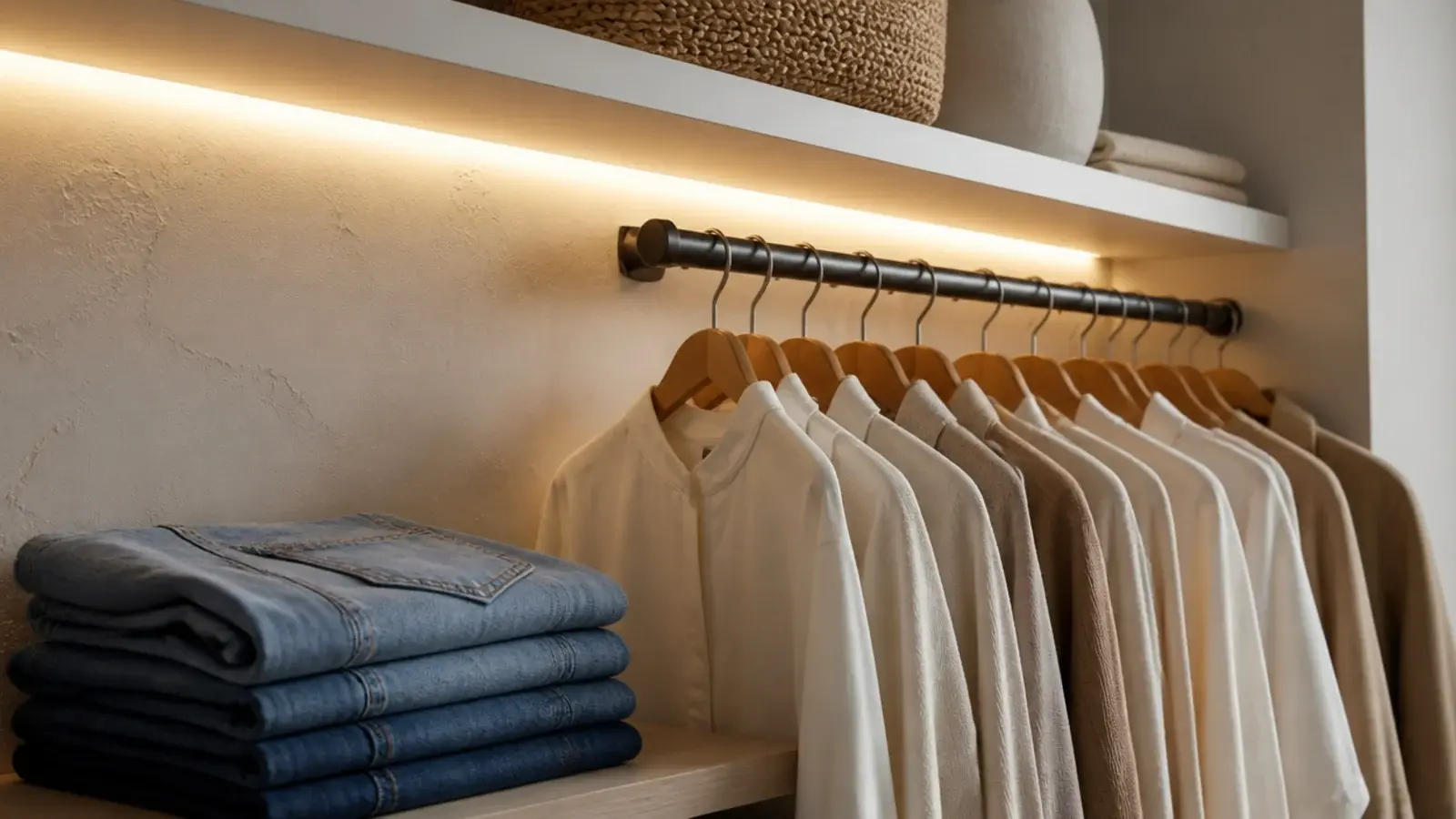 warm LED tape under a shelf lighting a budget small walk-in closet