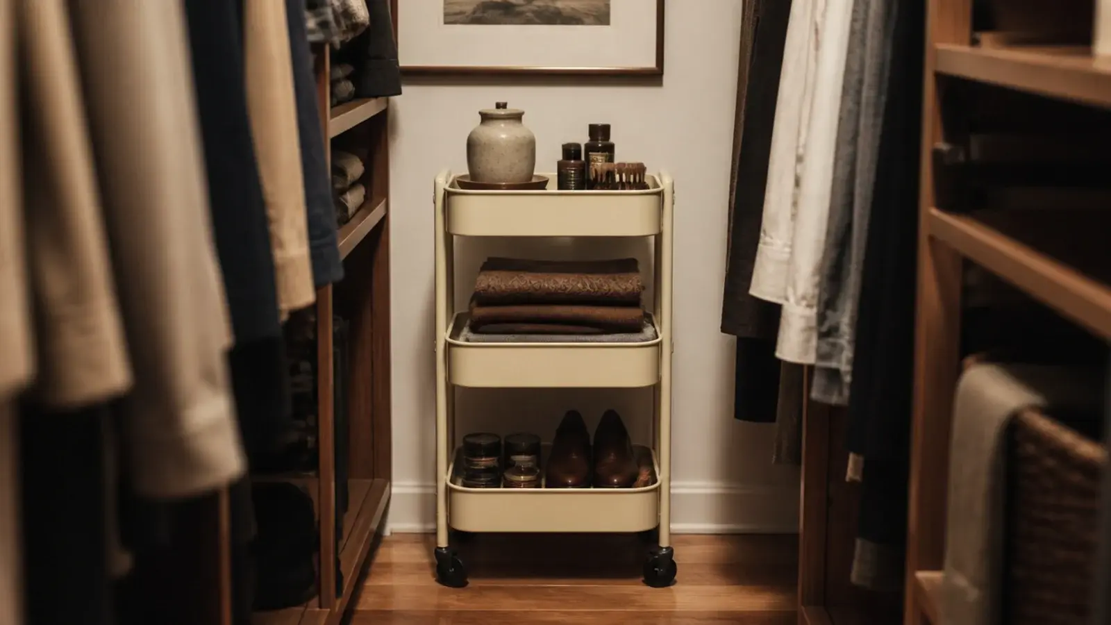 slim rolling cart parked in the walkway of a small walk-in closet