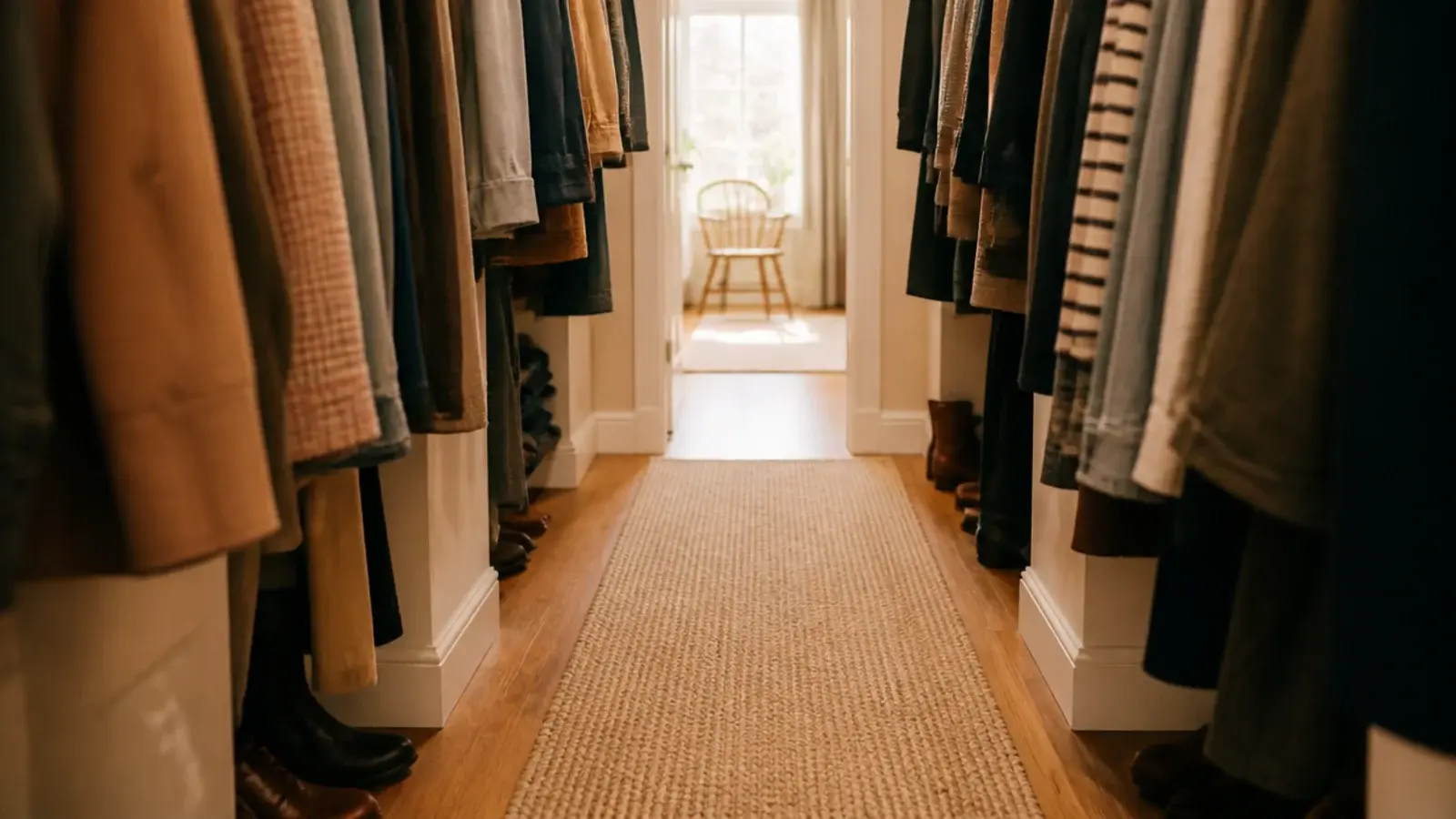 narrow jute runner warming the floor of a small walk-in closet