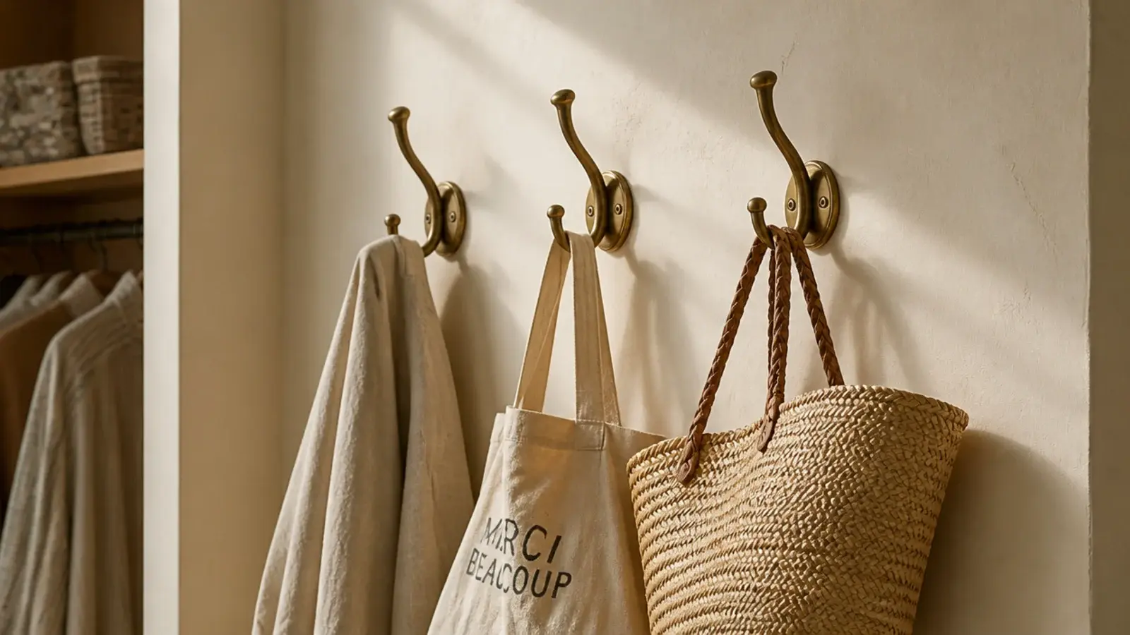 brass hooks on a closet end wall holding a robe and canvas totes