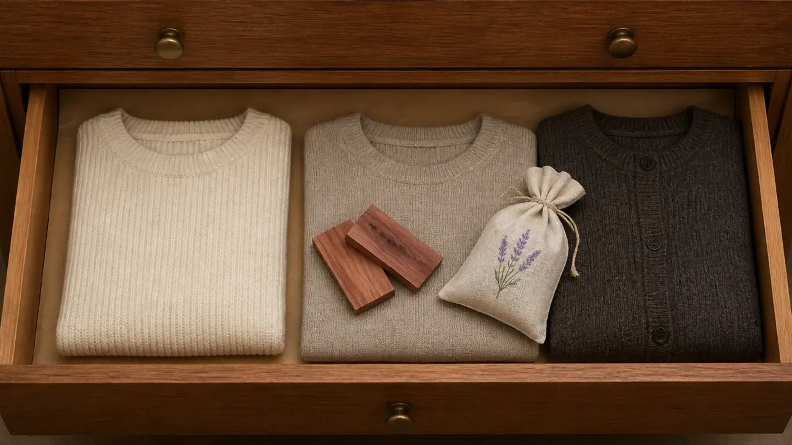 cedar blocks and lined drawer keeping folded knitwear fresh in a closet