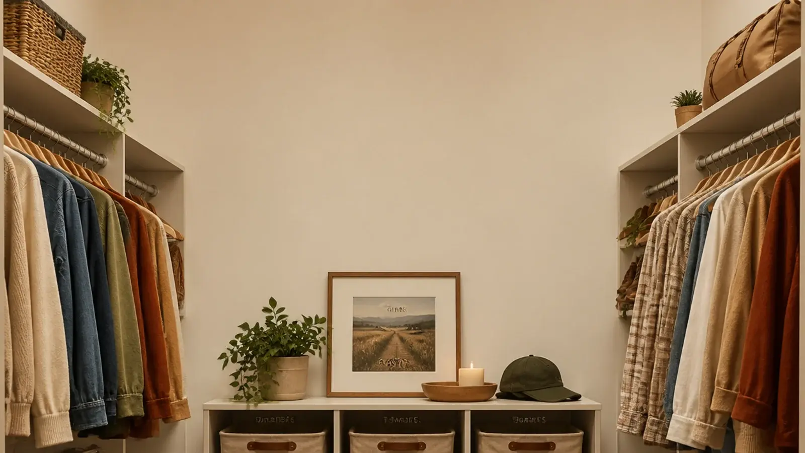 vertical image of a budget small walk-in closet with painted shelves