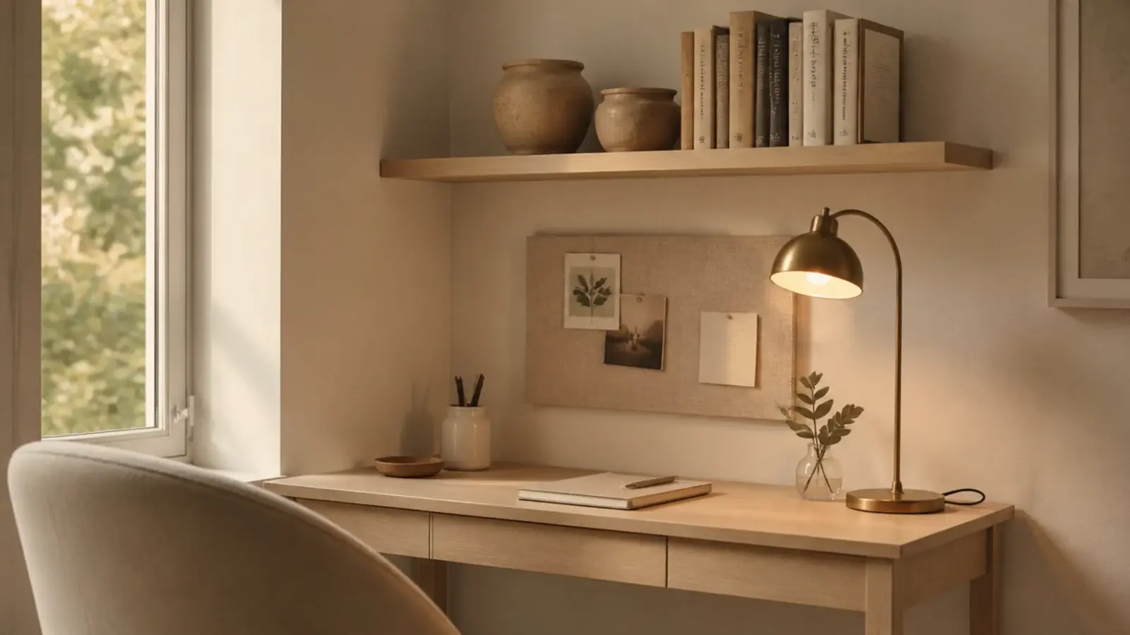 aesthetic study desk in cream and oak with shelf plants and warm lamp