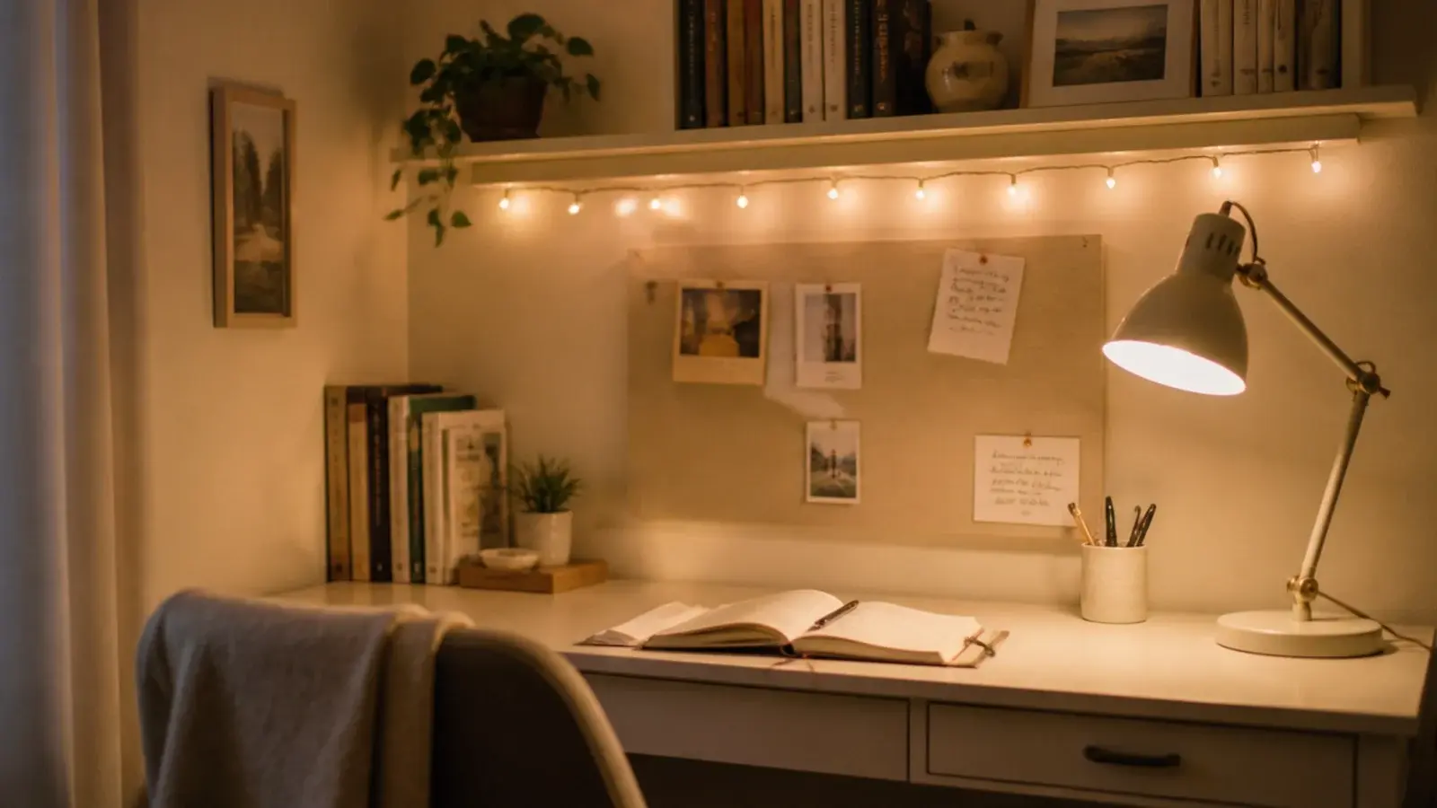 cute study desk corner with shelf string lights and soft pinboard