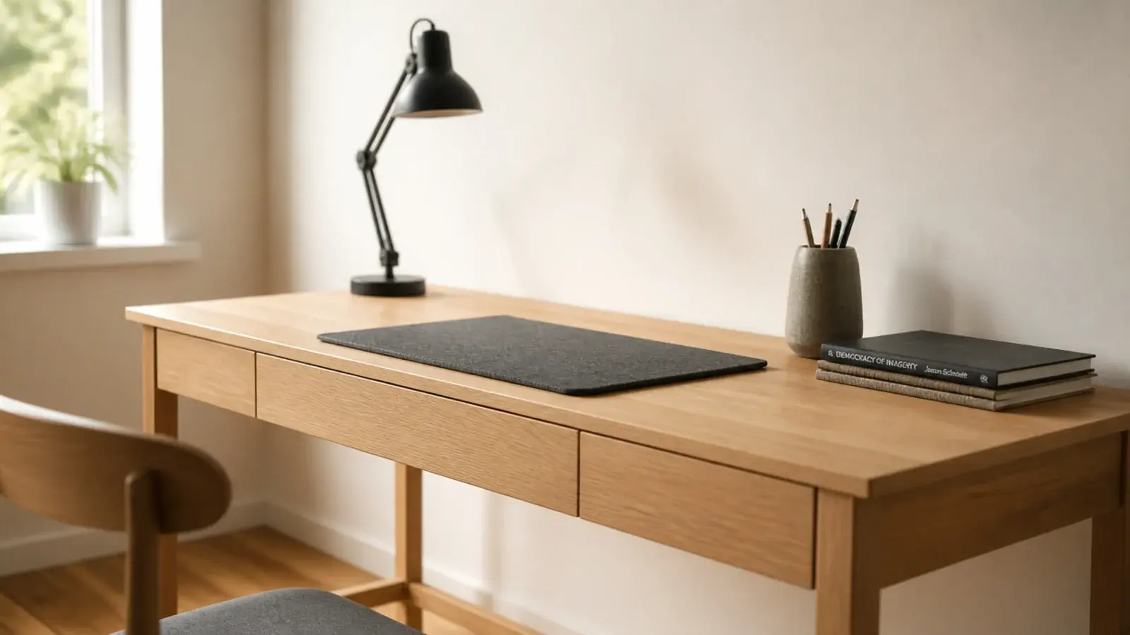 simple study desk with a clip lamp felt pad and stoneware pen cup