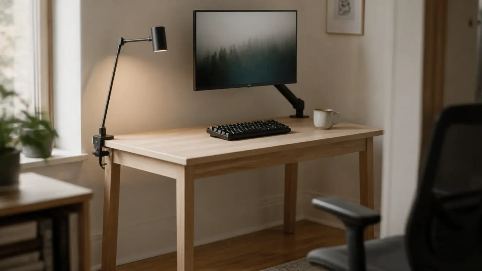 small study desk with a monitor on an arm and a clamp lamp