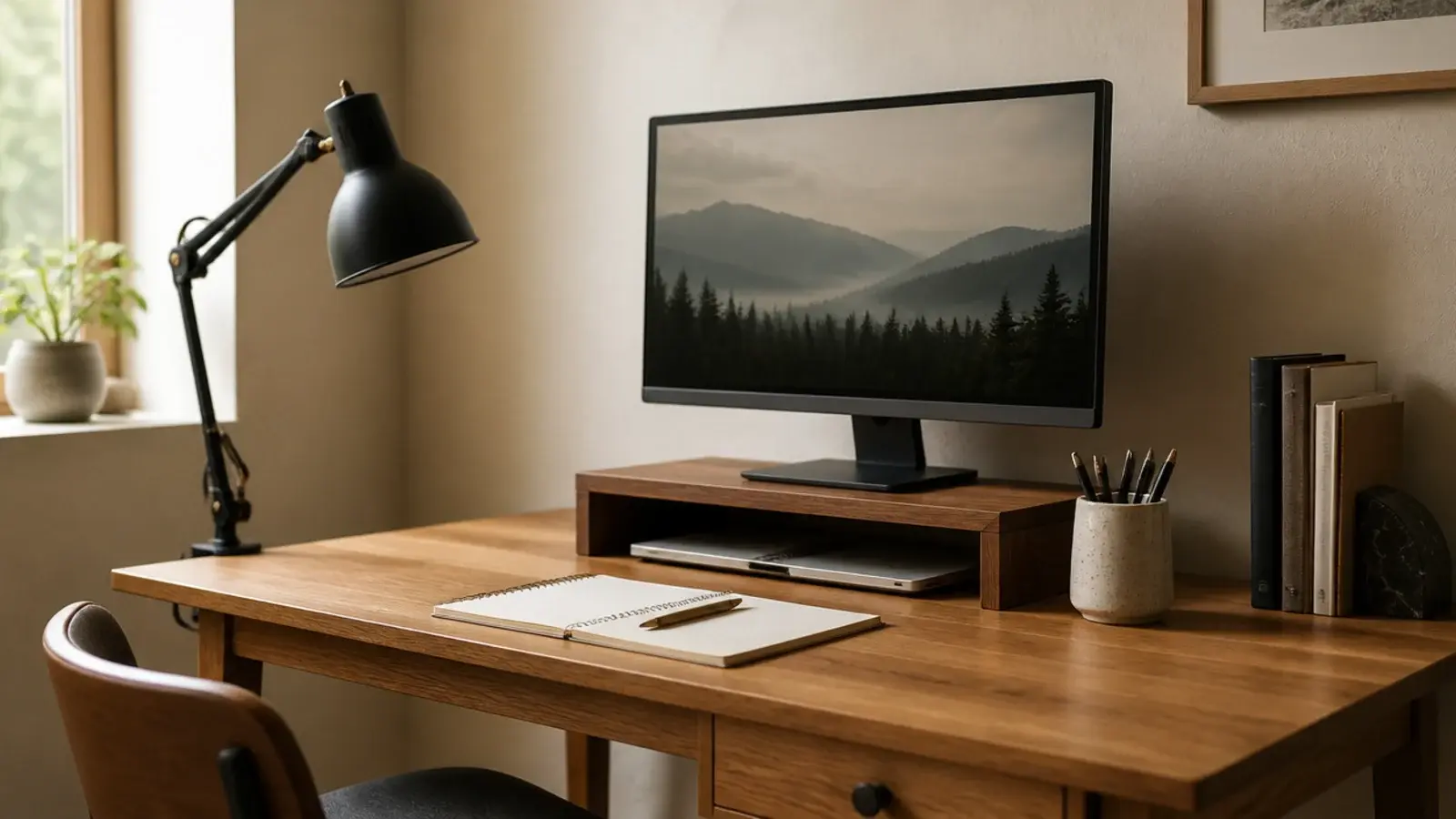 study desk decor in warm oak with a raised monitor and clip lamp