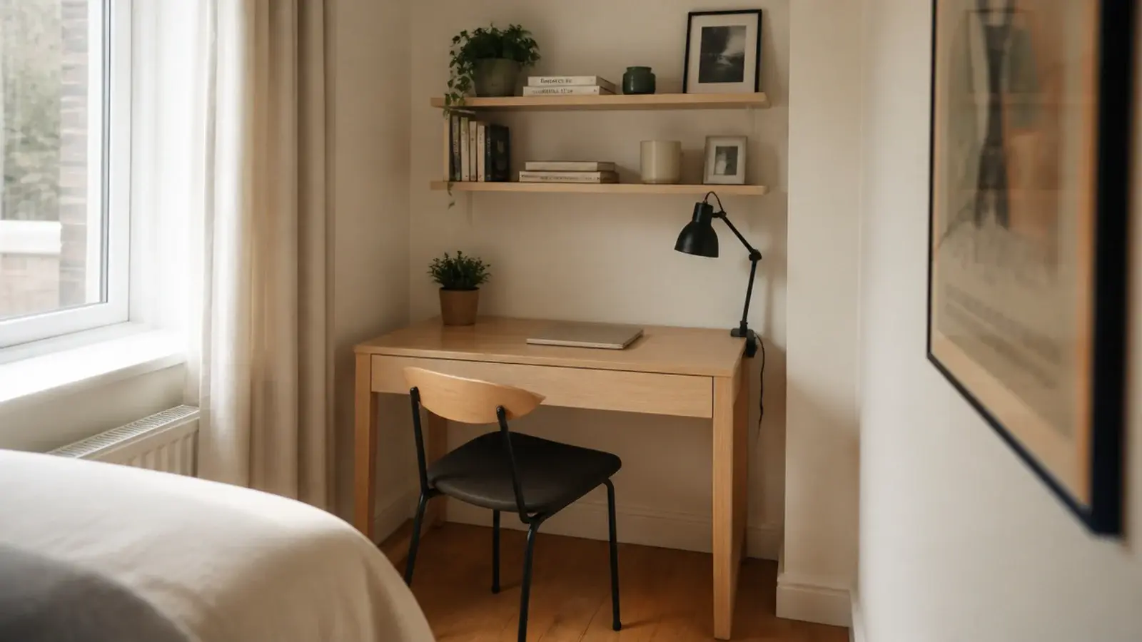 compact study desk fitted into a small bedroom corner with wall shelves