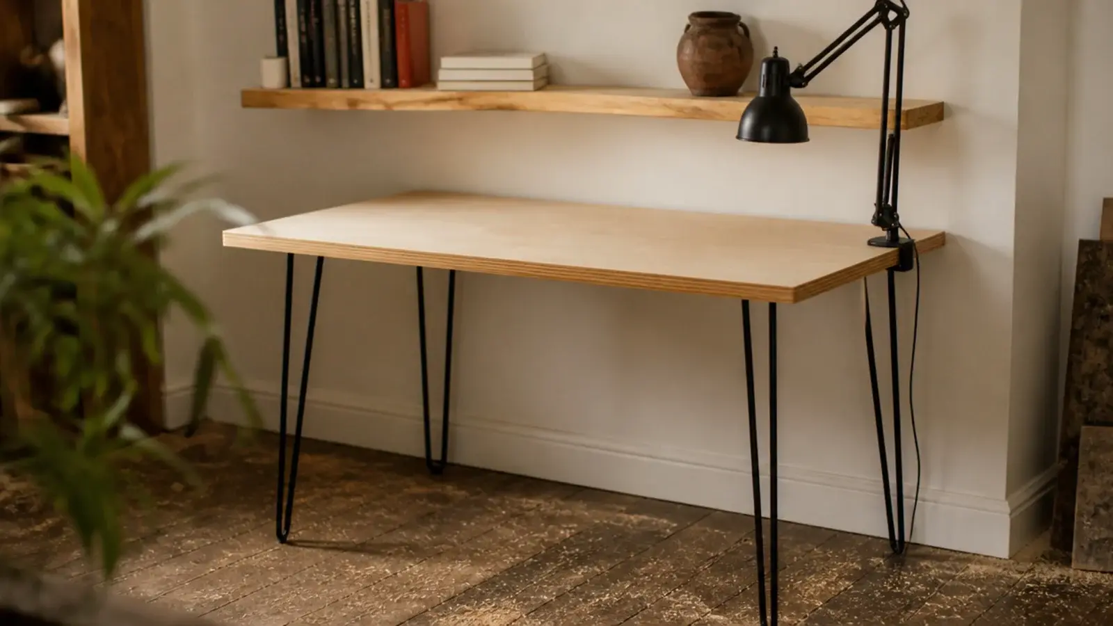 DIY study desk built from plywood with hairpin legs and shelf above