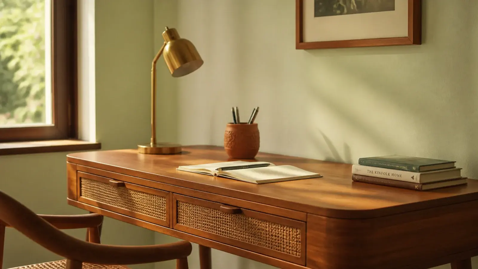 indian style study desk in teak with brass lamp and cane drawer